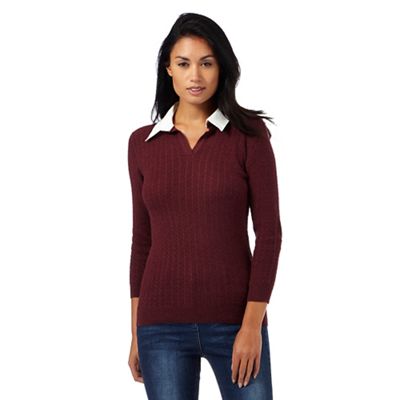 Maine New England Dark red cable knit collar jumper